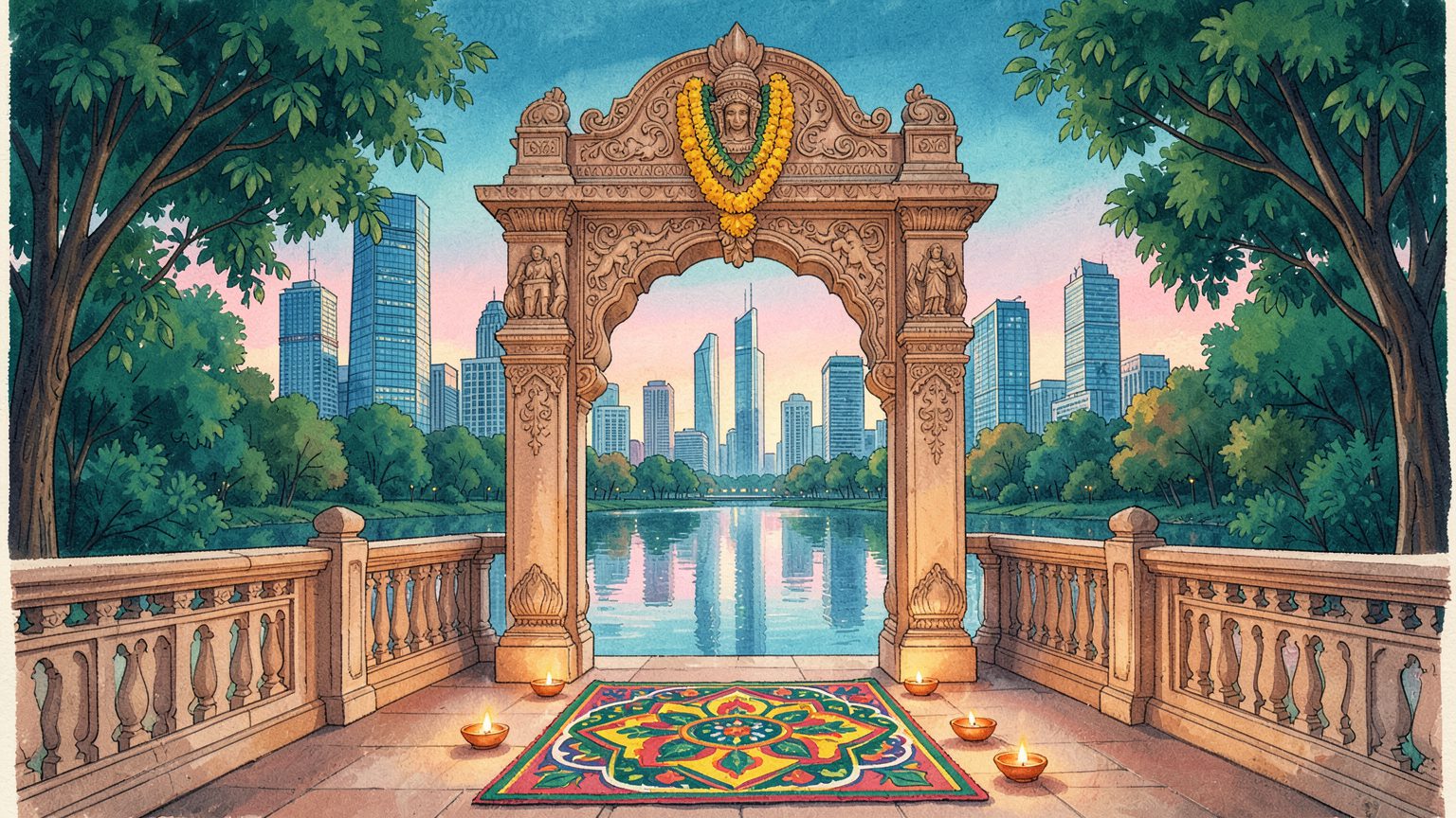 An Indian archway hung with marigolds opening onto a city skyline at dusk, with rangoli and diyas at the threshold